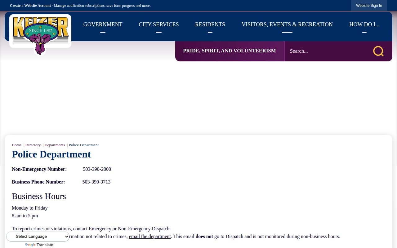 Keizer Police Department contact source for Keizer arrest-record requests